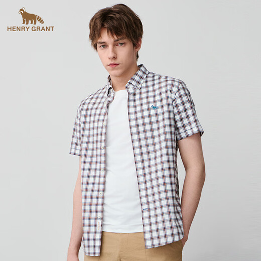 HENRY GRANT Henry Grant 2025 summer short-sleeved breathable top men's lapel summer business shirt plaid shirt red (QTC242140S311) 48 (175/92A)