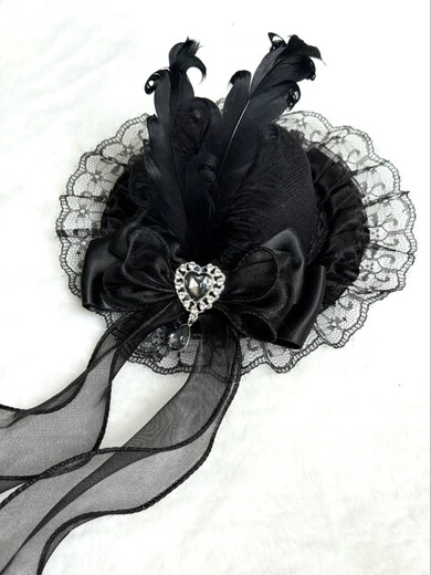 Jiyu original dark gothic Lolita rhinestone lace Lolita subculture hair accessories hairpin feather headdress top hat black curly feather top hat