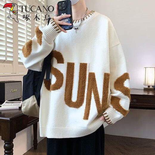 Woodpecker Trendy Sweater Men's New Autumn and Winter Knitted Sweater Men's Letter Jacquard Loose Warm Teenagers Basement Clothes 2566 Black XL Recommended 115-135Jin Jin equals 0.5 kg