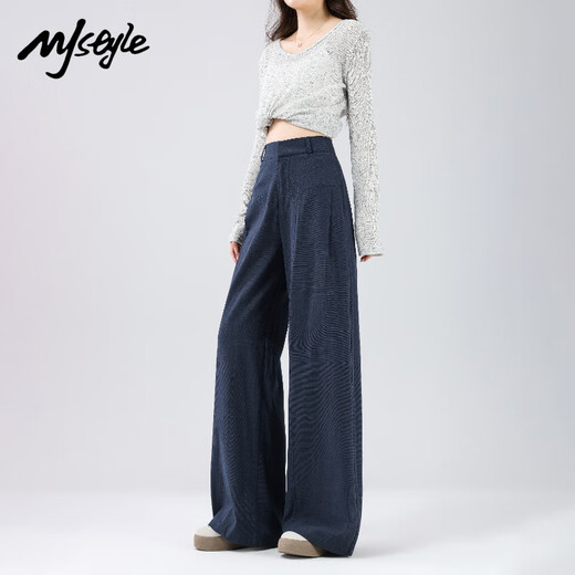 MJ STYLE wide-leg pants for women in summer thin high-waisted old-fashioned suit loose versatile straight-leg casual pants Navy blue M