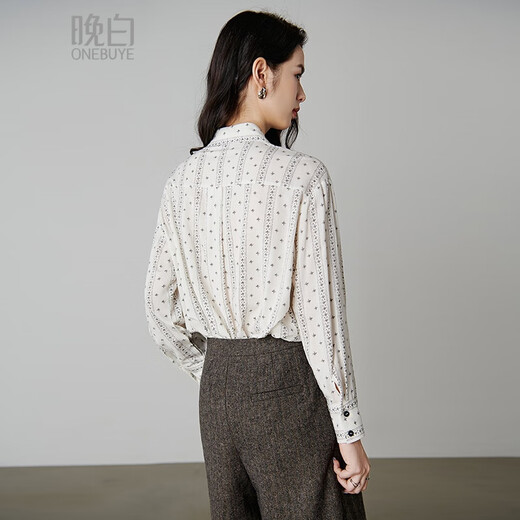 Late White New Product 2025 Autumn Temperament Printed Shirt Skin Friendly Elastic Casual Lapel Shirt for Women Color XL