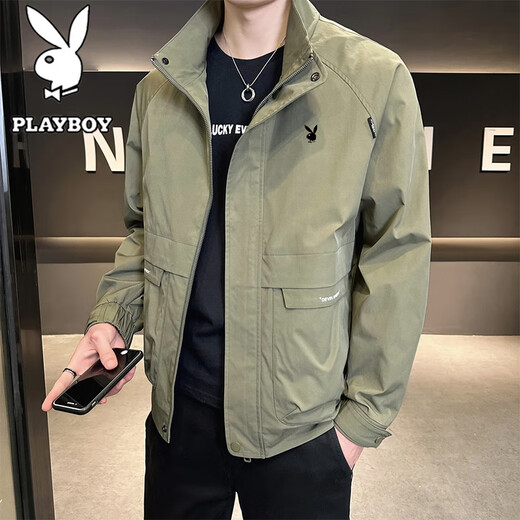 Playboy (PLAYBOY) Jacket Men's Spring and Autumn Workwear Stand Collar Trendy Casual Loose Large Size Jacket Khaki Green XL