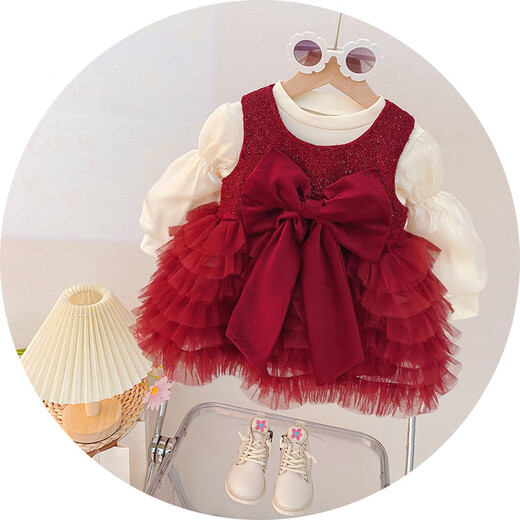 G.duck little yellow duck one-year-old baby dress girl dress autumn full moon party princess dress big bow tutu skirt red 90 cm
