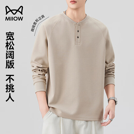 MiiOW Right Shoulder Sleeve Loose Sweater Henley Collar Long Sleeve Men's Spring and Autumn T-shirt Breathable Bottoming Shirt Top Black XL