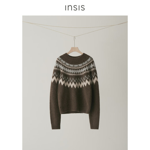 INSISFEMME Australian Merino sheep wool Nordic style literary retro Fair Isle round neck pullover knitted top Madrid Brown S