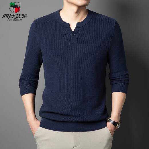 Western Camel (VANCAMEL) high-end pure cotton Henry collar men's sweater thickened autumn and winter new solid color anti-pilling pullover bottoming trendy long-sleeved black 4XL