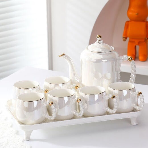 Yongxia Light Luxury Housewarming Ceramic Water Set Tea Cup Household Tea Set Nordic Living Room Teapot Cup Water Cup Complete Set Pearl White 6 Cups