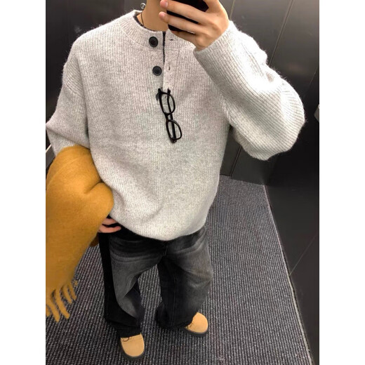 Playboy (PLAYBOY) 2025 new sweater gray American retro Henry collar sweater men's winter lazy style knitted sweater light gray M