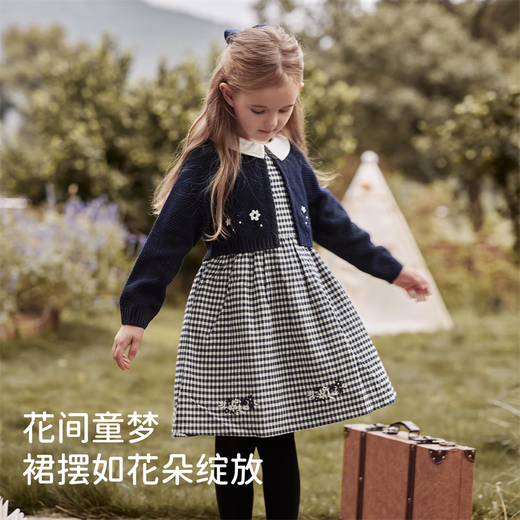 DAVE&BELLA children's sweater dress spring new style girls fake two-piece knitted skirt baby girl skirt princess dress navy blue ready in stock 90 cm (recommended height 80-90cm)