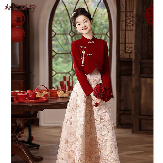 Meianjia new Chinese toasting dress bride's new red wedding engagement dress skirt women's winter long-sleeved winter wine red S