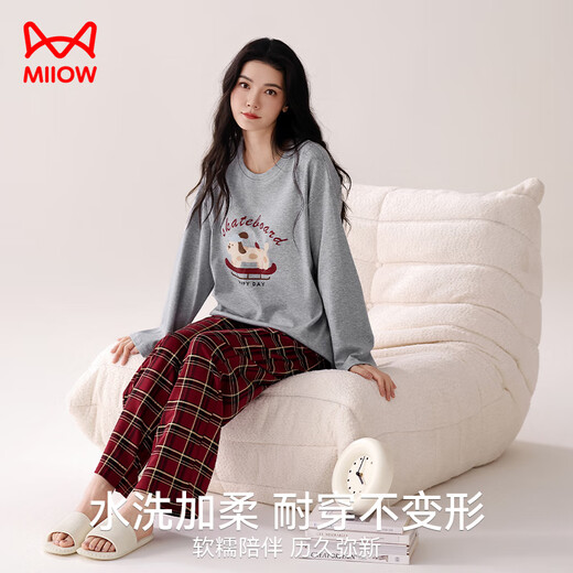
Cat man pajamas women pure cotton spring and autumn long sleeves 2025 new loose plaid cartoon home clothes grey can be worn outside