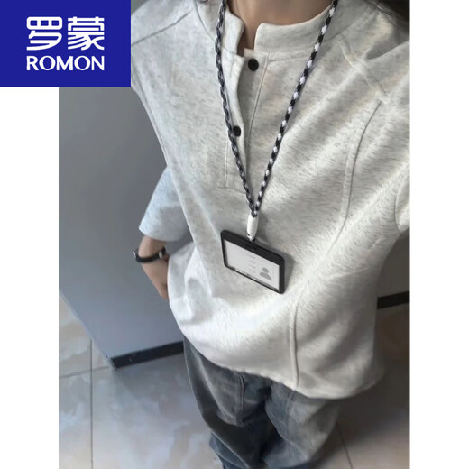 ROMON POLO shirt Henry collar long-sleeved T-shirt for men in autumn deconstructed splicing design right shoulder bottoming shirt autumn sweatshirt trend white gray M (90-120Jin Jin equals 0.5 kg)