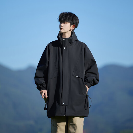 NYING American hooded windbreaker jacket men's 25 autumn and winter new fashion brand outdoor workwear mid-length loose casual top black XL (120-140Jin Jin equals 0.5kg)