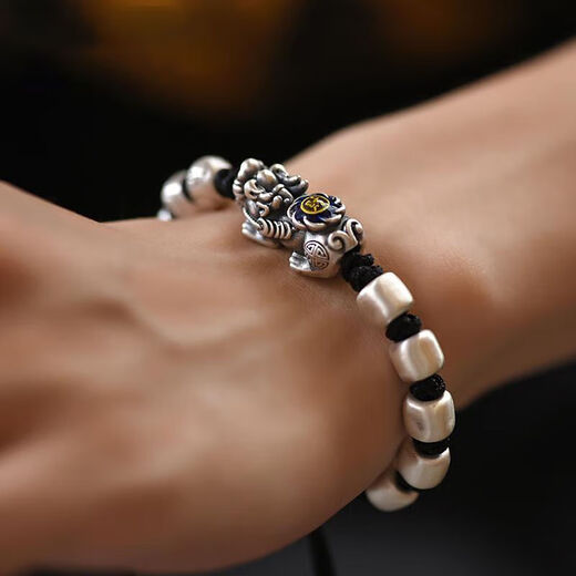 Half grain original sterling silver Pixiu bracelet bracelet for men, trendy retro old-fashioned ethnic style hand-woven beaded bracelet Pixiu