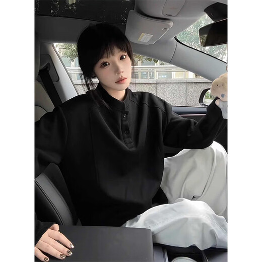 Luard American vintage Henry collar sweatshirt men's autumn high street casual retro long-sleeved loose shoulder polo shirt black XL