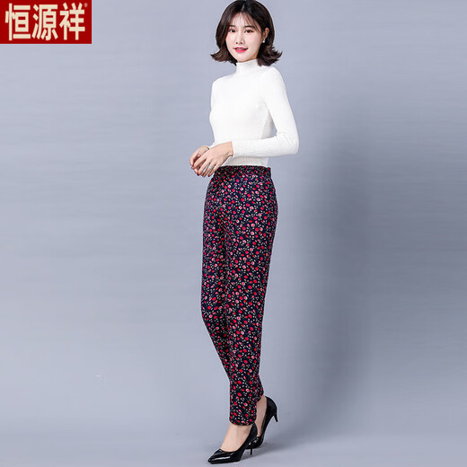 Hengyuanxiang middle-aged and elderly women's trousers, winter clothing, elderly grandma's warm cotton trousers, high-waisted velvet thickened mother's flower pants for outer wear in winter, new colors four, three-layer velvet thickened cotton trousers 4XL recommended 140-160Jin Jin equals 0.5 kg