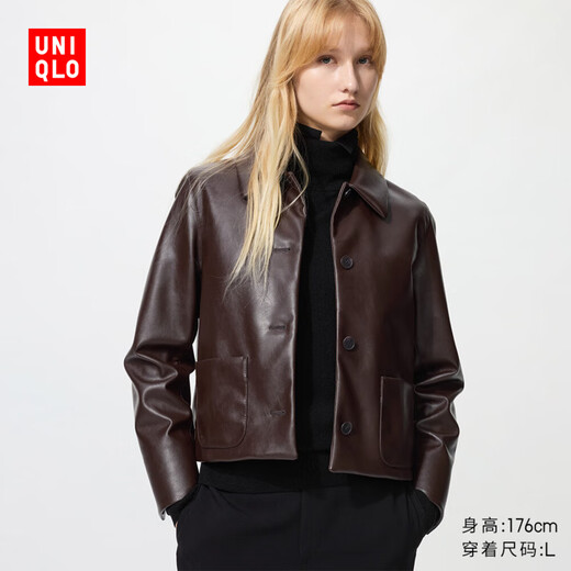 Uniqlo Women's Imitation Leather Short Jacket/Coat Casual Fashion Lapel Jacket 480060 38 Dark Brown M /160/84A