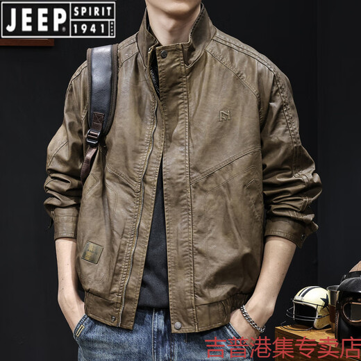 JEEP SPIRIT high-end leather jacket men's autumn and winter 2025 new men's velvet thickening large size trendy brand clothes motorcycle style brown L suitable for 120-140Jin Jin equals 0.5 kg