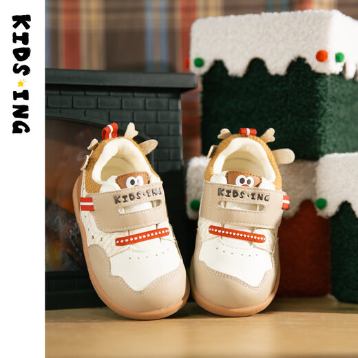 kids.ing可迪星宝宝加绒学步鞋秋冬款男女童小童棉鞋软底机能鞋童鞋 米/卡其 小麋鹿 26.5 适合脚长15.1-15.5cm