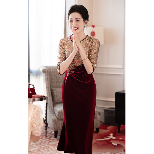 Pierre Cardin Noble Mother-in-Law Wedding Dress Women's Autumn Small Middle-aged Mother's M Dress Waist Slimming Fishtail Burgundy M Recommended 75-95 Jin Jin equals 0.5 kg