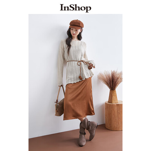 InShop mall same style new women's lazy style knitted sweater solid color simple suspender dress two-piece set red coffee M