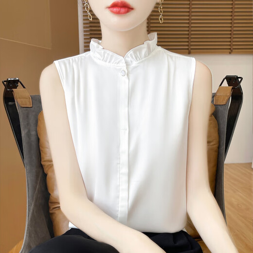 Light luxury and high-end smooth satin shirt for women, sleeveless inner layer with suit vest top, lace for age reduction, white XL 110-120Jin Jin is equal to 0.5 kg