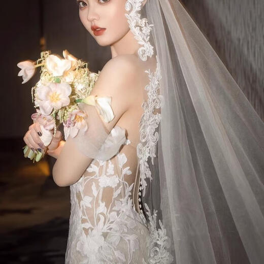
Luxury brand heavy industry lace wedding veil extra large tailed bride wedding marriage certificate long headdress white 1.5 meters wide 3 meters long_hair comb model M 175c or above