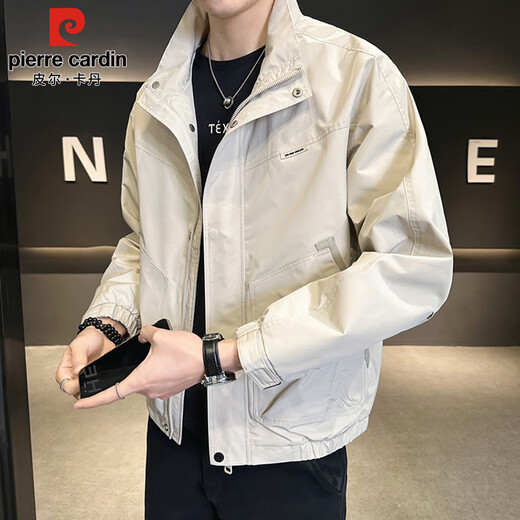 Pierre Cardin jacket men's spring and autumn loose stand-up collar trendy top casual jacket men's clothing off-white XL