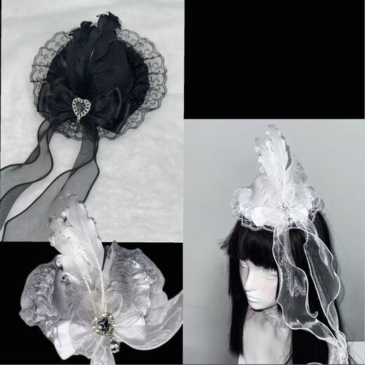 Jiyu original dark gothic Lolita rhinestone lace Lolita subculture hair accessories hairpin feather headdress top hat black curly feather top hat