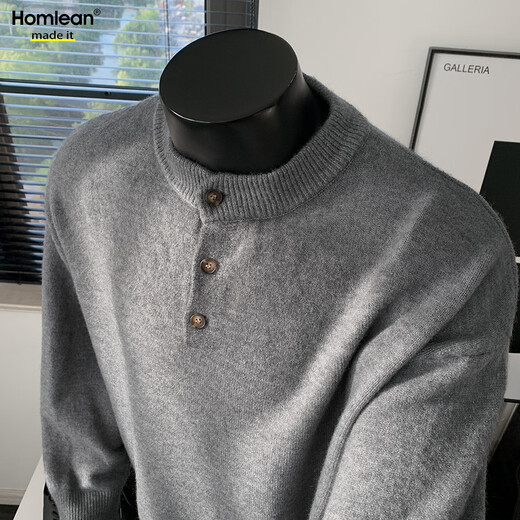 Homlean old money Henry collar knitted sweater men's advanced lazy style casual all-match top autumn HC19 dark gray L