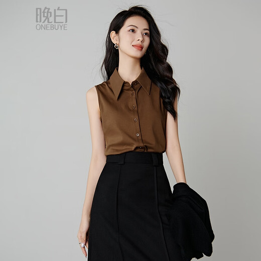 Late white new product 2026 spring layering artifact cotton lapel top simple and versatile commuting sleeveless shirt for women coffee color XL