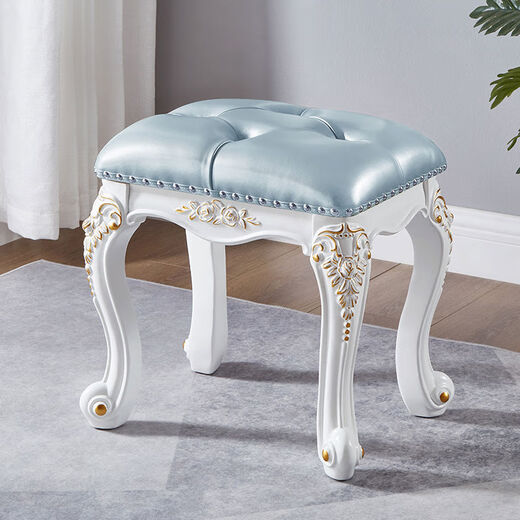 European French style solid wood dressing stool, carved makeup stool, white light luxury princess stool, dressing table stool, soft bag makeup stool, all solid wood, white buckle with gold finish