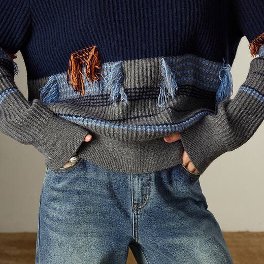 Chuyu Sweater Women's 2025 Winter New Loose Retro Nomadic Style Tassel Contrast Color High Weight Arctic Velvet Top Navy Blue L