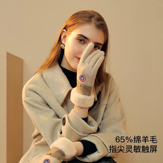 SCOTT GOOSE Gloves Women's Autumn and Winter Wool Fur Warm Windproof New Year's Gift Cashmere Plus Velvet Thickened Cycling Touch Screen Khaki Cashmere One Size