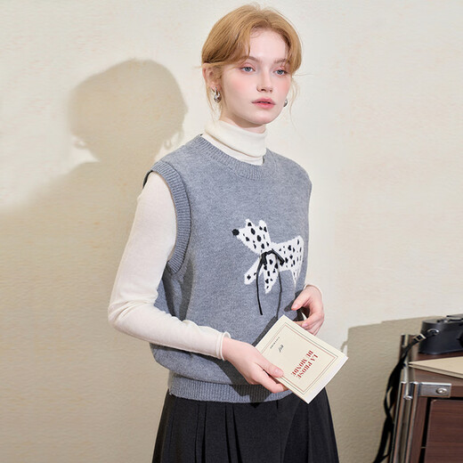 Westlink Westlink cute polka dot puppy knitted vest for women winter new versatile round neck pullover loose sweater gray M