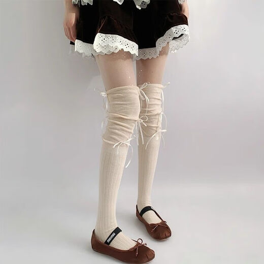 Jane Deiune stockings for women spring and autumn spliced bow-knot pile socks Lolita over-knee socks slim pure lust style jk Japanese style black + gray bow-knot over-the-knee socks one-size-fits-all transforms into comic legs in seconds suitable for 70-150 Jin Jin is equal to 0.5 kg