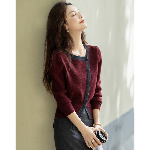 Demana Comfortable Cocoon Room Autumn Elegant Style Contrast Color Diagonal Placket Puff Sleeve Sweater Fiber Velvet Yarn Knitted Sweater Women's Top