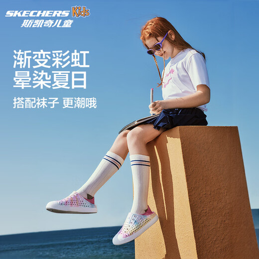 Skechers Skechers Children's Shoes Girls' Croc Shoes Beach Shoes Summer One-Piece Printed Breathable Children's Sandals 302114L Rainbow Light Pink/LTPK 27.5