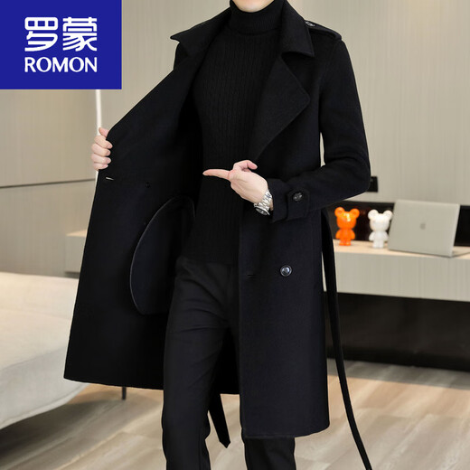 ROMON woolen coat men's mid-length handsome belt slim cashmere woolen coat wool double-sided woolen windbreaker black. M 170 recommended 90-110 Jin Jin equals 0.5 kg