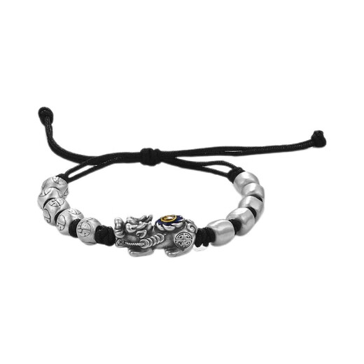 Half grain original sterling silver Pixiu bracelet bracelet for men, trendy retro old-fashioned ethnic style hand-woven beaded bracelet Pixiu