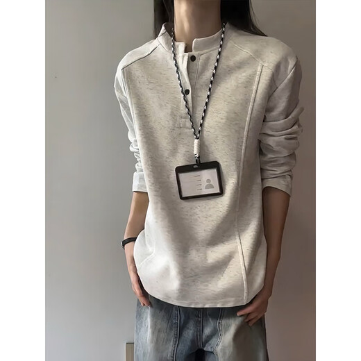 QuMiLe American-style right-shoulder Henry collar sweatshirt for men in autumn with design sense deconstructed splicing polo bottoming shirt loose casual long-sleeved light gray XL