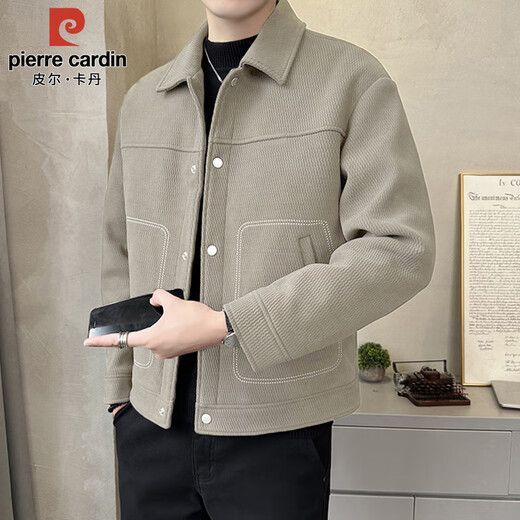 Pierre Cardin jacket men's autumn and winter top-stitched high-end jacket casual fashion lapel men's beige XL