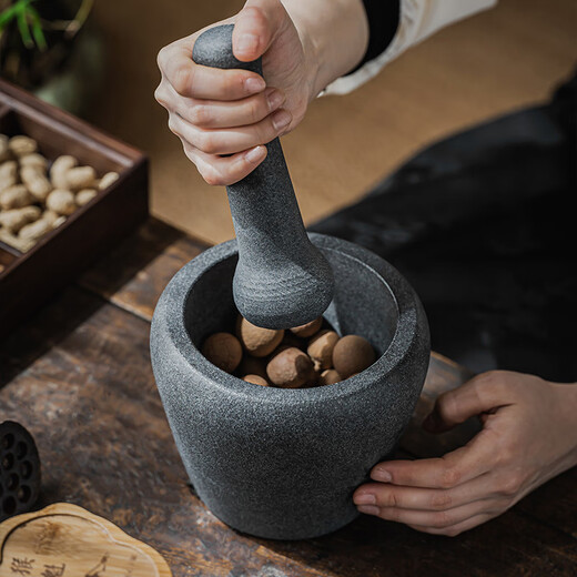 Shijin stone mortar large natural black gold stone mortar garlic masher manual bowl grinding garlic press household garlic mortar old trumpet