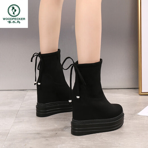 Woodpecker 2025 Autumn and Winter Inner Heightening Thick-soled Short Boots Wedge Super High-heeled Shoes 12CM Mid-calf Boots Suede Stretch Women's Boots Black Heel Height 11cm 34