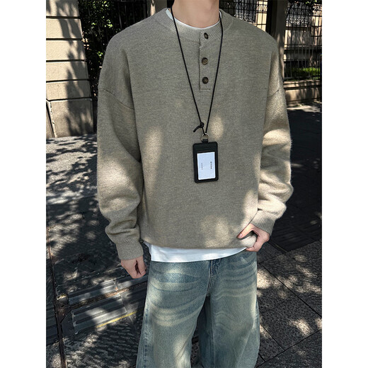 Shelley Jonescleanfit henley collar sweater men's autumn and winter new loose trendy warm sweater with long sleeves white floral gray L recommended 110-125Jin Jin equals 0.5 kg