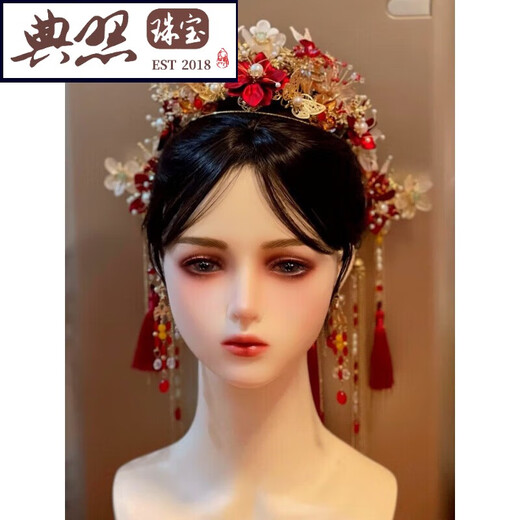 Typical photo of Fengguan Xiamei headdress Xiuhe suit Chinese style bride 2025 new red bow glazed hair crown ancient style wedding A main crown + back area + earrings gift box