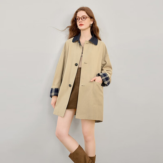 She pool contrasting color lapel single-breasted windbreaker women's 2026 spring new British style mid-length coat