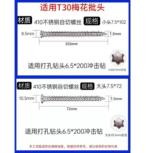 Bun Peng German self-cutting screws 410 German stainless steel door and window installation T30 cement plum screws German cement doors and windows 40 pieces bagged small head 7.5*92