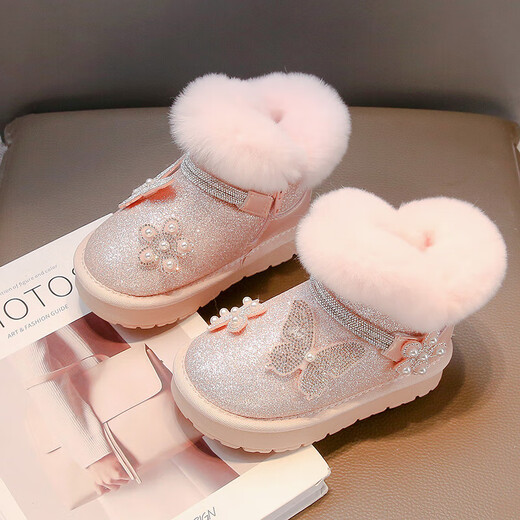 Snow boots for girls in winter 2025 new children's large cotton shoes plus velvet thickening princess boots for girls winter shoes real wool pink size 28 shoes inner length 17.8cm