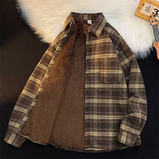 Autumn and winter retro plaid plus velvet thickened shirt men's American retro trendy brand loose coat long-sleeved shirt brown plus velvet XL recommended 120-140Jin Jin equals 0.5 kg